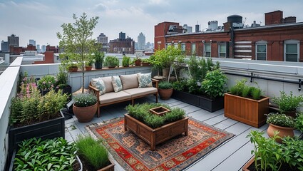 Rooftop garden with plants in planters and a seating area with a rug in an urban setting