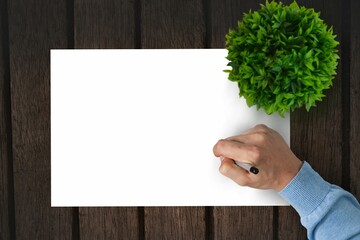 Flat design is showing hand holding black pen over blank paper on wooden tabletop with plant