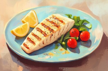 Grilled fish fillet on plate with lemon and cherry tomatoes