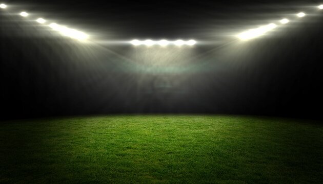 Empty trimmed grass field is glowing under flat design stadium lights in dark sports arena