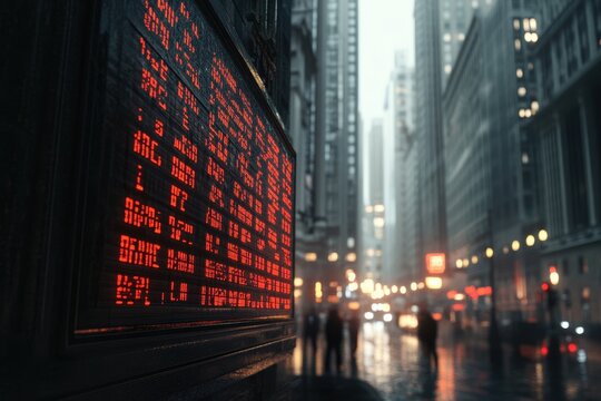Wall Street stock market ticker displays financial updates in a bustling urban environment during evening hours, Wall Street stock market fictional tickers on trading board Seamless 3D render