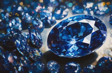A large, brilliant blue gemstone, surrounded by smaller, similarly colored gems
