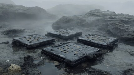 Foggy Seascape with Black Boxes on Rocky Shore, Mysterious Atmosphere