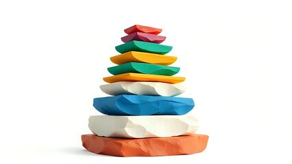 A balanced pyramid of stacked colorful clay or stone-like objects, isolated on a white background, representing structure and harmony.