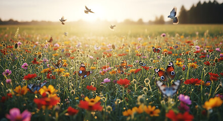 Golden hour over a colorful wildflower field with butterflies and birds