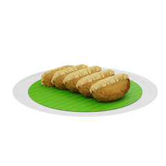 3D illustration of rangin, a traditional Indonesian snack, featuring crispy coconut-covered sweet cake, served on a green leaf plate.