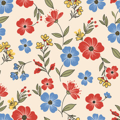 Seamless Floral Pattern: Red, Blue, and Yellow Flowers on Cream Background
