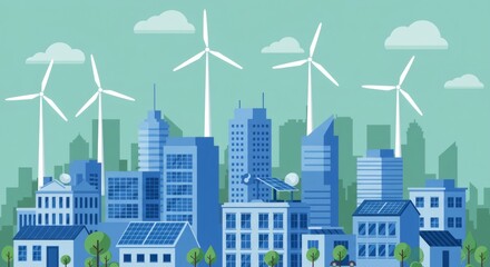 Obraz premium Sustainable Cityscape Wind Turbines and Solar Panels Powering Urban Development