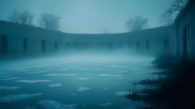 Icy water reflects foggy stone structure
