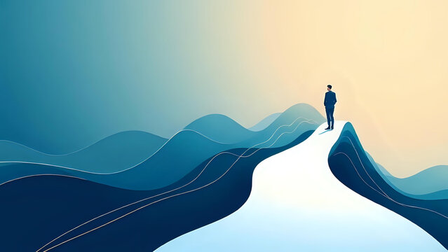 A businessman stands on a peak overlooking an abstract landscape, symbolizing the path to success and future vision.