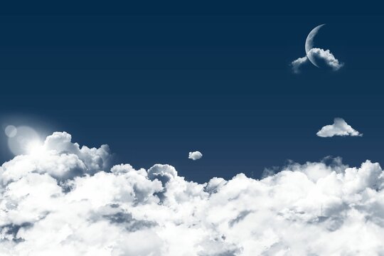 Cumulus cloud bank is filling lower frame in flat design, with sun flare and crescent moon