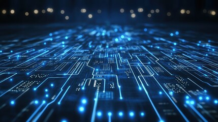 Futuristic Digital Circuit Board with Glowing Blue Lights Background