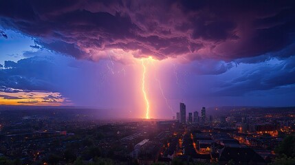 Cityscape thunderstorm lightning strike dramatic sky