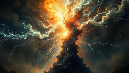 An epic explosion of fiery lightning erupts from a mountain peak, unleashing immense energy into a dark, cataclysmic landscape.