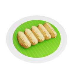 3D illustration of rangin, a traditional Indonesian snack, featuring crispy coconut-covered sweet cake, served on a green leaf plate.