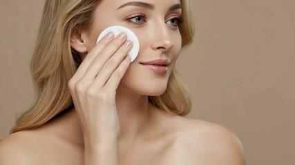 A woman cleanses her face with a cotton pad - Powered by Adobe