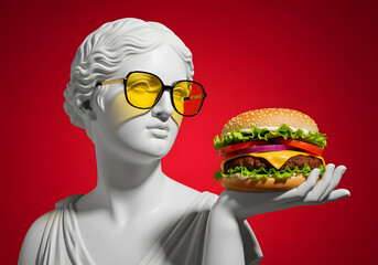 White marble bust with modern yellow sunglasses, holding a tasty burger with a red background
