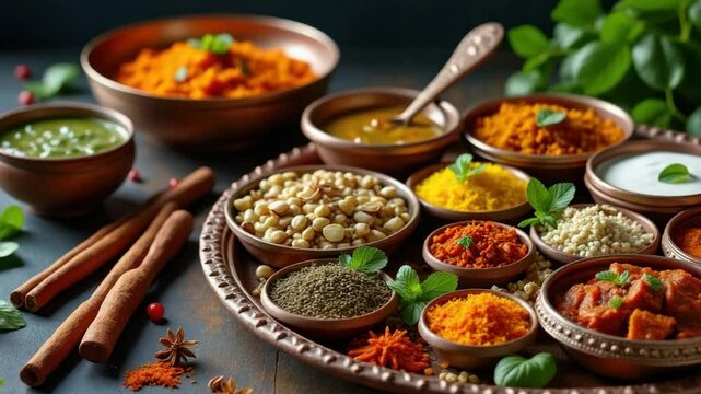 Colorful Assortment of Indian Spices, Herbs, and Condiments in Traditional Bowls on Rustic Tray, Aromatic Ingredients and Vibrant Culinary Scene with Fresh Leaves and Cinnamon Sticks
