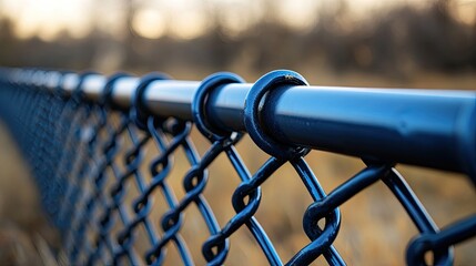 Close-up of a dark blue chain link fence at park's edge at sunset