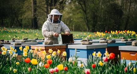 Beekeeper tending to honey bees in a field of colorful spring flowers