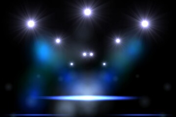Flat design art depicting dark stage with spotlights casting beams through haze and blue floor glow