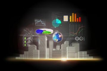 Glowing wireframe skyline showing floating holographic pie, bar and line charts with earth globe