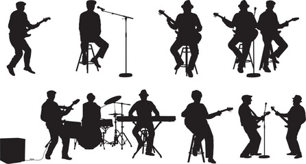 Obraz premium Senior people in a music band playing drums, keyboard and a guitar and singer
