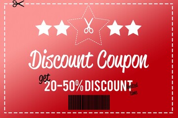 Displaying red gradient coupon featuring dashed border, scissor icons, 20–50% discount, barcode