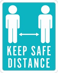 Vertical image of keep safe distance text and arrow between two figures in white on blue, copy space