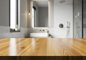 Wooden tabletop with a blurred bathroom behind
