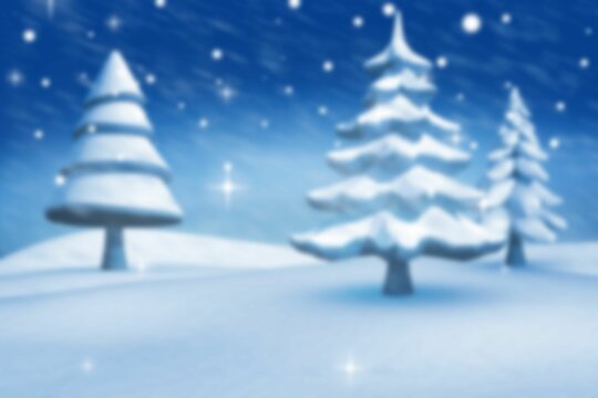 Fototapeta Flat design showing three snowy evergreens on snowy hills under falling snowflakes in twilight sky