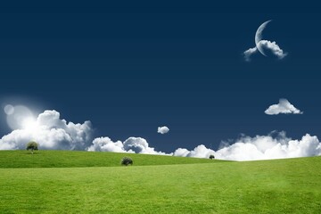 Flat design rolling green hills are unfolding under blue sky with puffy clouds, sun and moon