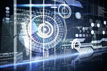 Hologram interface in office overlooking city