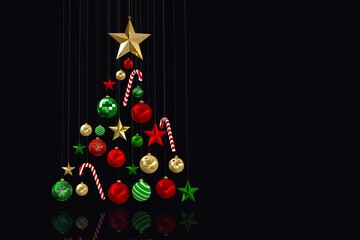 Suspending red gold baubles, candy canes, stars in 3D forming triangular tree on reflective base