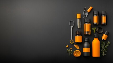 Fototapeta premium Artistic arrangement of essential oils and accessories on dark surface studio product photography minimalistic top view aromatherapy