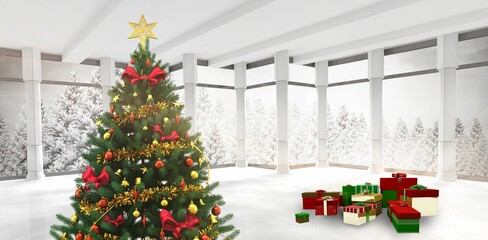 Flat design Christmas tree is standing in hall with glass panels showing forest view, wrapped gifts