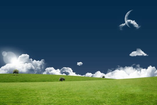 Fototapeta Flat design rolling green hills are unfolding under blue sky with puffy clouds, sun and moon