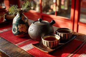 Japanese tea set on red table by window