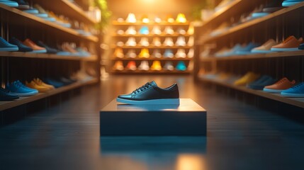 Sleek running shoes on display retail store product photography contemporary setting focused view style and comfort