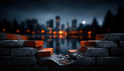 Urban cityscape glimpsed through a broken brick wall at night