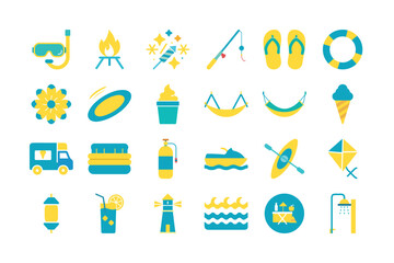 Summer Vacation Icons in Teal and Yellow