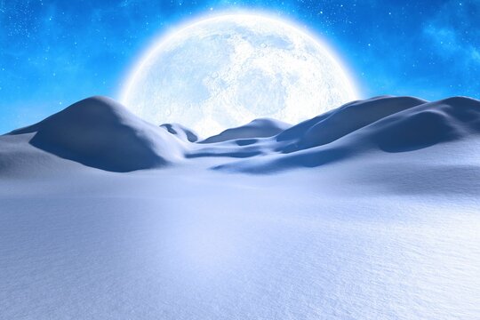 Fototapeta Large cratered moon is hovering above rolling snow dunes in flat design starry nightscape