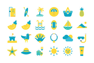 Summer Vacation Icons in Yellow and Blue