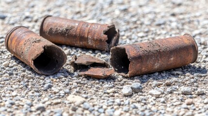 Obraz premium Rusty Metal Shells on Gravel Surface in Outdoor Setting