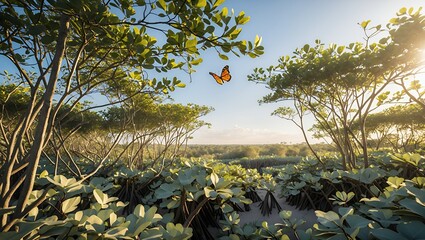 Butterfly flying through sunny forest landscape with green foliage