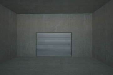 Fototapeta premium Closed metal roller shutter door is being shown in 3D render grey concrete garage, copy space
