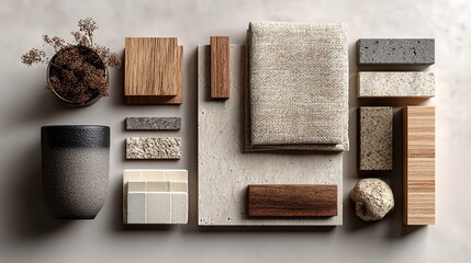 Creative beige architect moodboard composition with building, neutral textile, and natural material samples plus personal accessories in a flat lay.