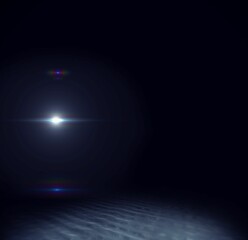 Underwater light beam is illuminating ripple-textured seabed in 3D render creating lens flare