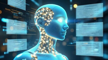 Futuristic artificial intelligence robot and humanoid concept with glowing blue circuits, digital data streams, virtual interface, technology innovation, and cybernetic human like features - Powered by Adobe