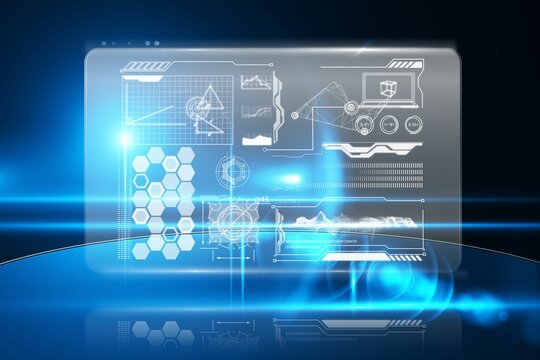 Futuristic 3D render is displaying floating translucent data panels showing hex grid and bar graphs